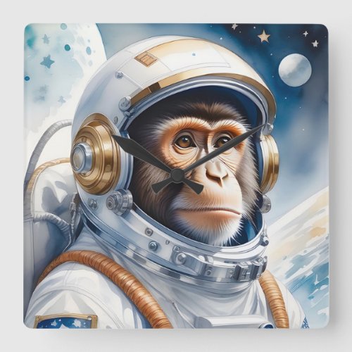 Cute Monkey Astronaut in Outer Space Portrait Square Wall Clock