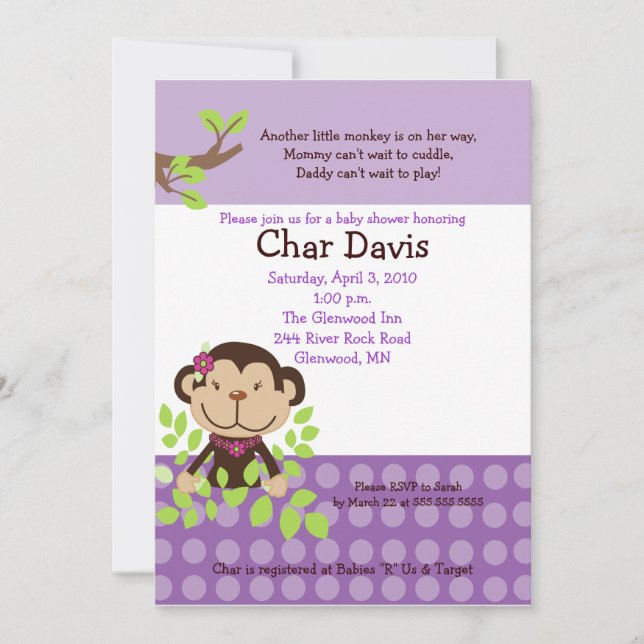 Cute Monkey Baby Shower Invitation Girly Purple (Front)