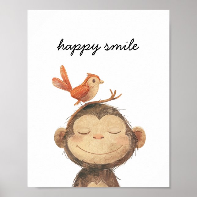 Cute Monkey Bird Happy Smile Watercolor Nursery Poster (Front)