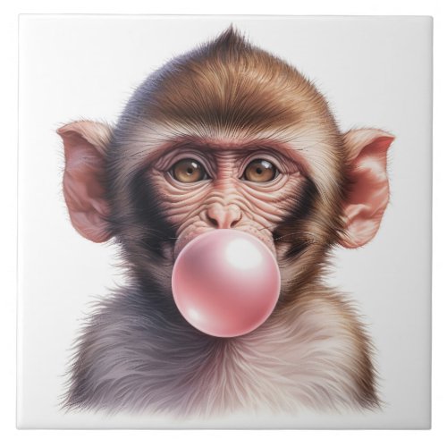 Cute Monkey Blowing Bubbles Bubble Gum Ceramic Tile
