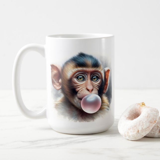 Cute Monkey Blowing Bubbles Bubble Gum Coffee Mug (With Donut)