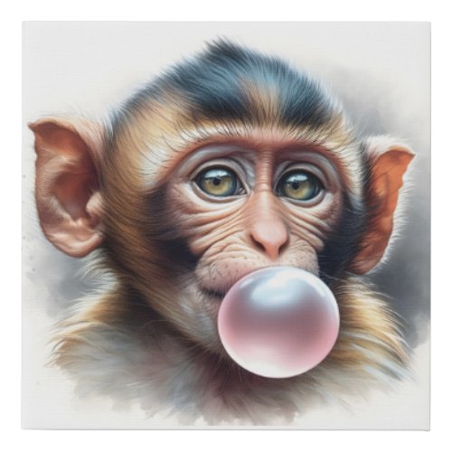 Cute Monkey Blowing Bubbles Bubble Gum Faux Canvas Print