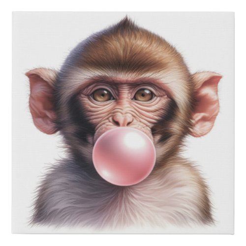 Cute Monkey Blowing Bubbles Bubble Gum Faux Canvas Print