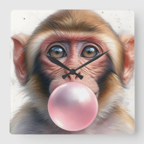 Cute Monkey Blowing Bubbles Bubble Gum Faux Canvas Square Wall Clock