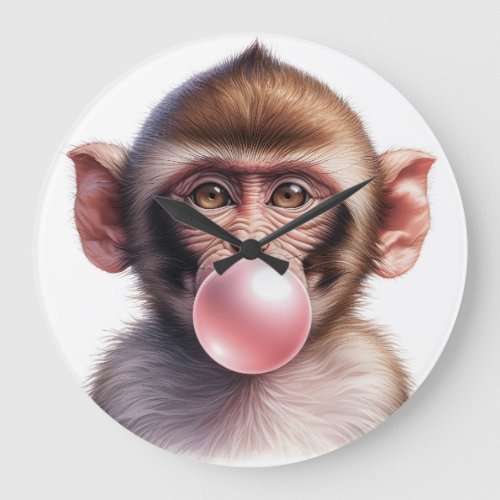 Cute Monkey Blowing Bubbles Bubble Gum Large Clock