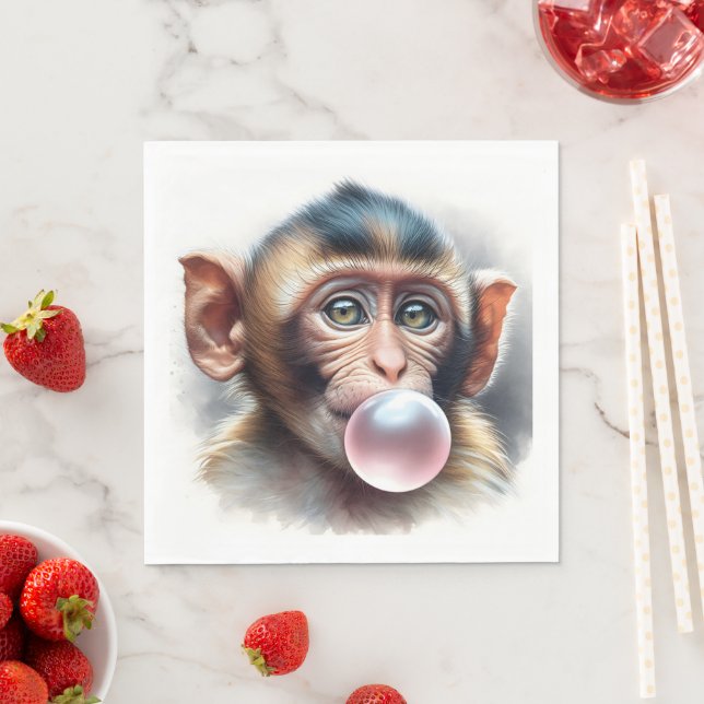 Cute Monkey Blowing Bubbles Bubble Gum Napkins (Insitu)