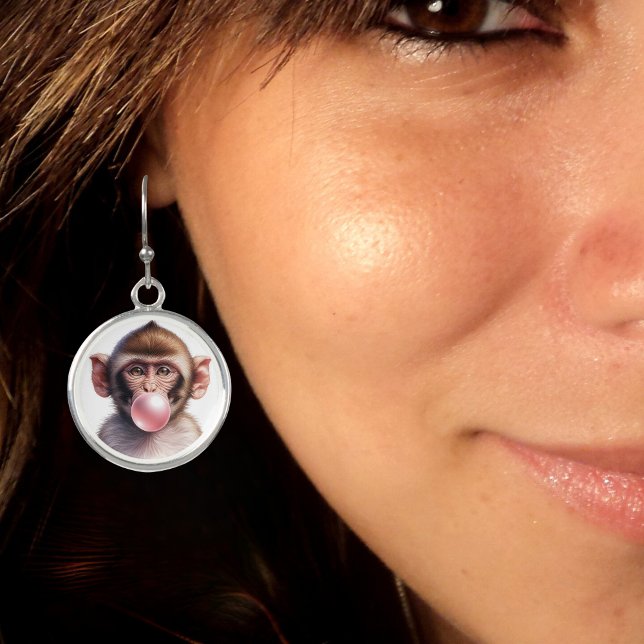 Cute Monkey Blowing Bubbles Bubble Gum Silver Earrings (Creator Uploaded)