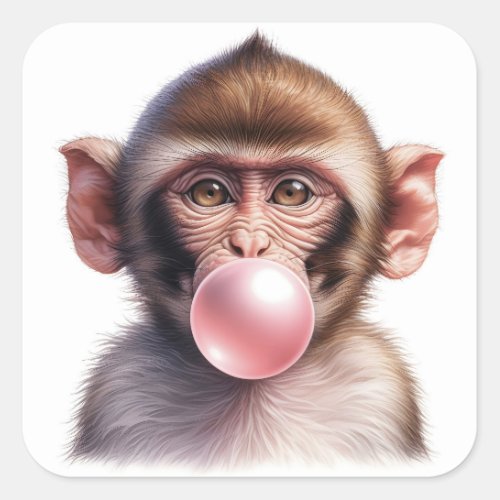 Cute Monkey Blowing Bubbles Bubble Gum Square Sticker