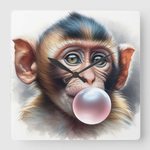 Cute Monkey Blowing Bubbles Bubble Gum Square Wall Clock