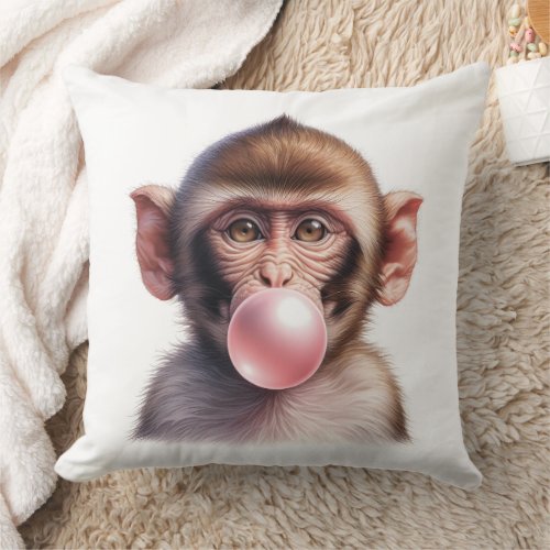 Cute Monkey Blowing Bubbles Bubble Gum Throw Pillow