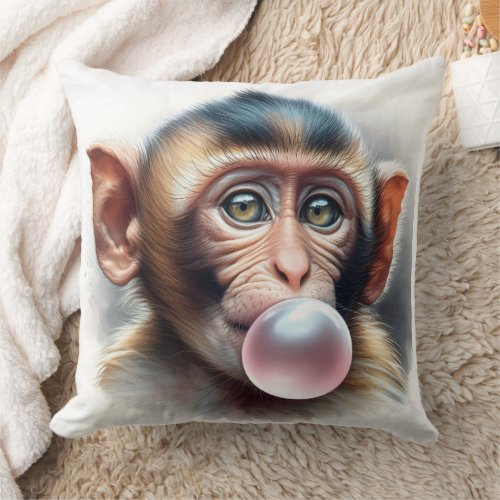 Cute Monkey Blowing Bubbles Bubble Gum Throw Pillow