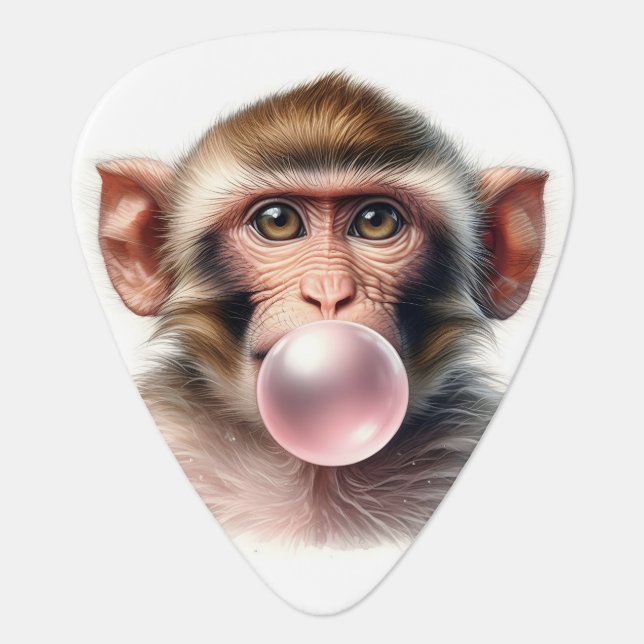 Cute Monkey Blowing Bubbles Pink Gum Guitar Pick (Front)