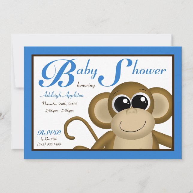Cute Monkey Blue Baby Shower Invitations (Front)
