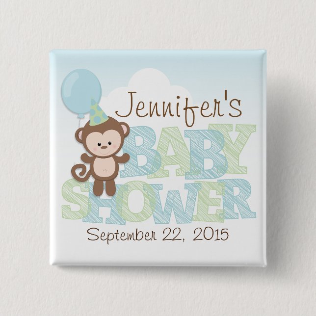 Cute Monkey; Blue & Green Baby Shower Button (Front)