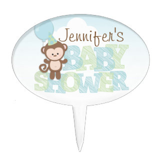 Cute Monkey; Blue & Green Baby Shower Cake Topper