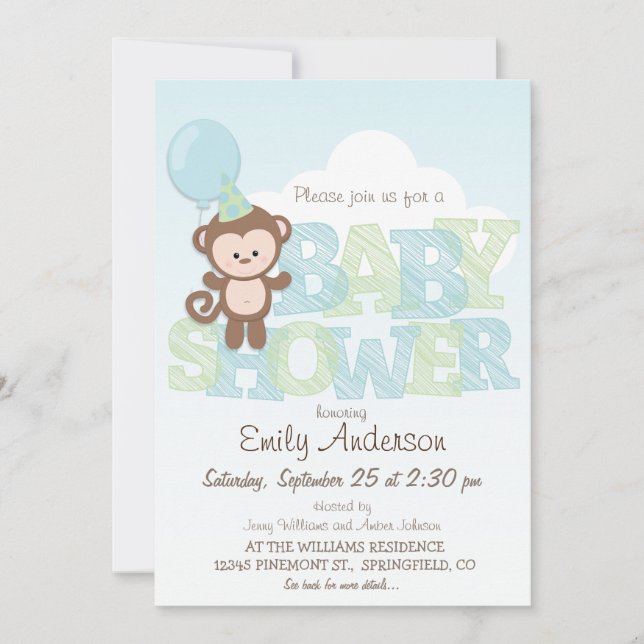 Cute Monkey; Blue & Green Baby Shower Invitation (Front)
