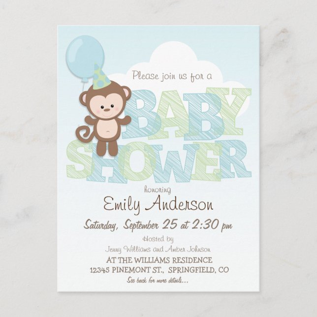 Cute Monkey; Blue & Green Baby Shower Invitation Postcard (Front)