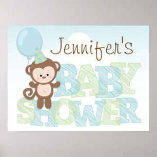 Cute Monkey; Blue & Green Baby Shower Poster