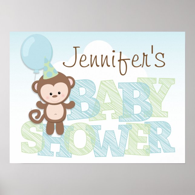 Cute Monkey; Blue & Green Baby Shower Poster (Front)