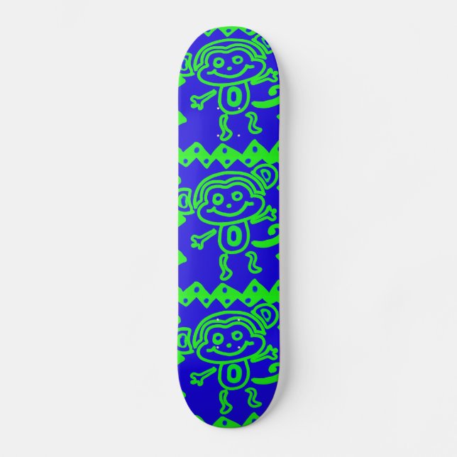 Cute Monkey Blue Lime Green Animal Pattern Skateboard Deck (Front)
