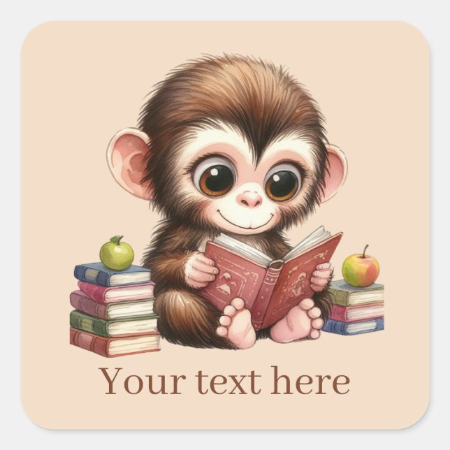 Cute monkey book lovers add text  square sticker (Front)