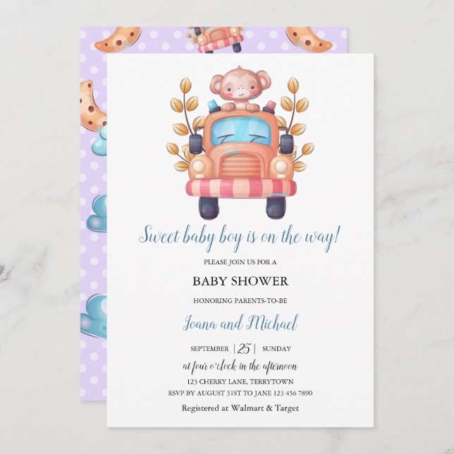 Cute Monkey Boy Baby  Invitation (Front/Back)