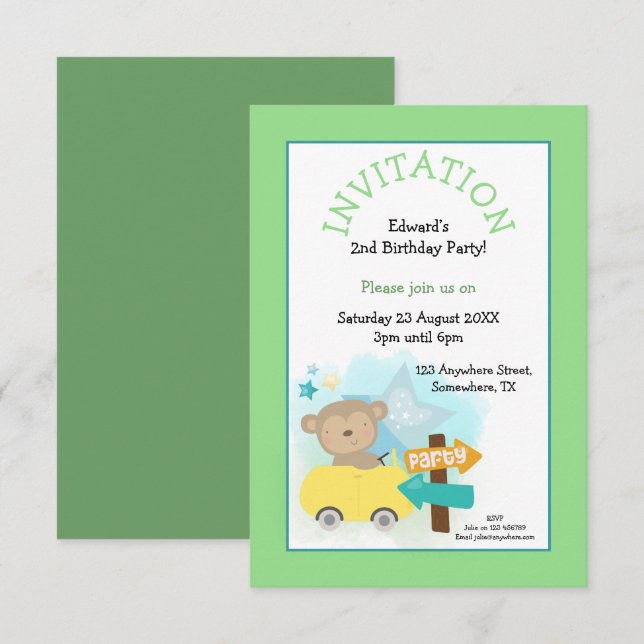 Cute Monkey Car Boy Birthday Party Green Invitation (Front/Back)