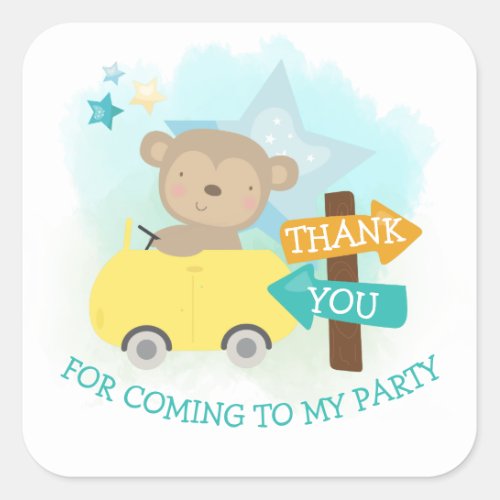 Cute Monkey Car Thank You Toddler Birthday Square Sticker