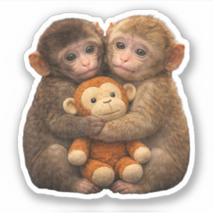 Cute Monkey Couple Hugging Monkey Punch Plush Art Sticker