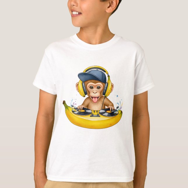 Cute Monkey DJ Illustration T-Shirt (Front)