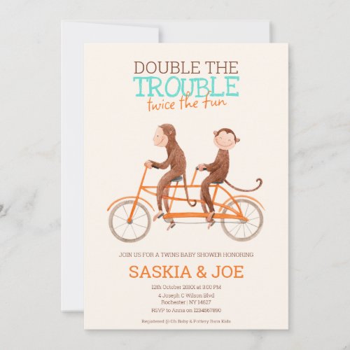 Cute Monkey Double Trouble Twins Baby Shower Invitation