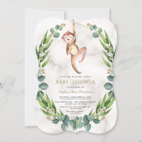 Cute Monkey Eucalyptus Wreath Baby Shower Invitation