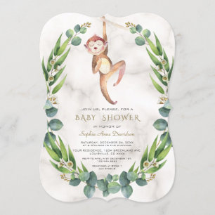 Cute Monkey Eucalyptus Wreath Baby Shower Invitation