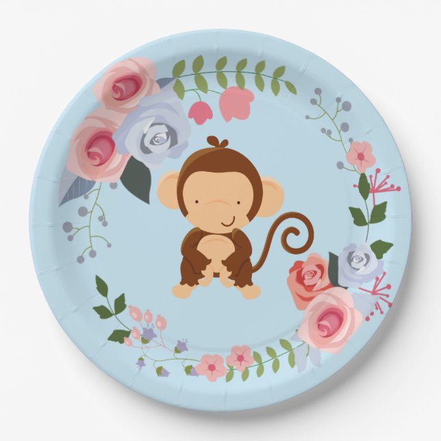 Cute Monkey Floral Baby Shower Paper Plates (Front)