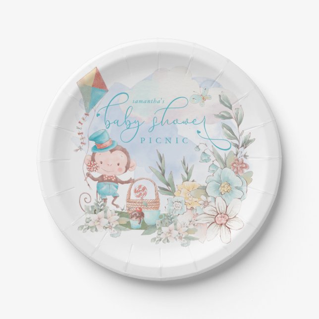 Cute Monkey Floral Boy Floral Baby Shower Picnic Paper Plates (Front)