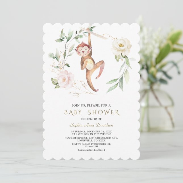 Cute Monkey Floral Greenery Gold Baby Shower Invitation (Standing Front)
