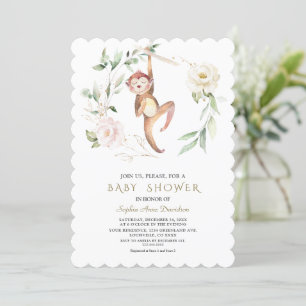 Cute Monkey Floral Greenery Gold Baby Shower Invitation