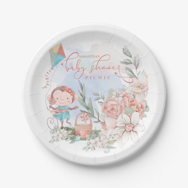 Cute Monkey Florals Girl Baby Shower Picnic Paper Plates (Front)