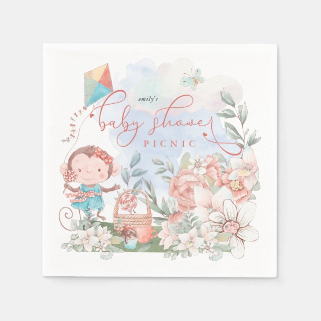 Cute Monkey Florals Nature Baby Shower Picnic Napkins (Front)