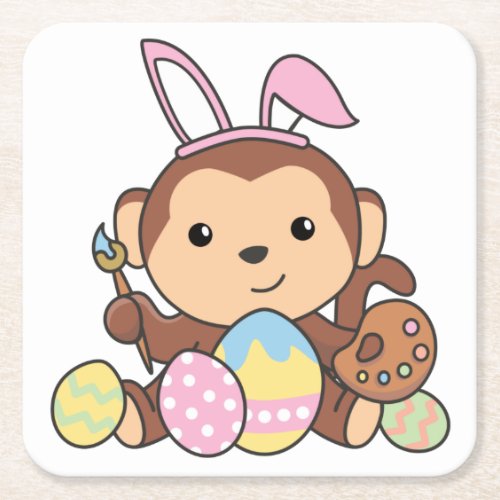 Cute Monkey For Easter With Easter Eggs As Easter  Square Paper Coaster