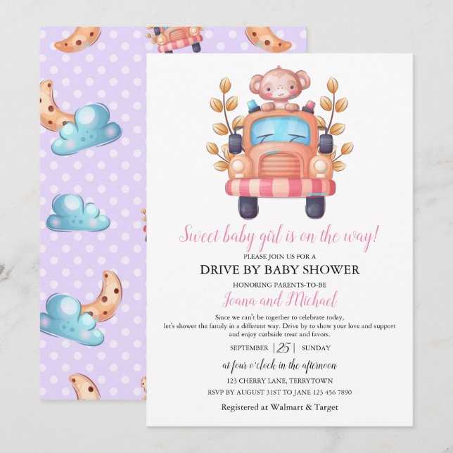 Cute Monkey Girl Baby Shower Drive Through    Invitation (Front/Back)