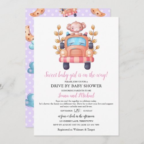 Cute Monkey Girl Baby Shower Drive Through    Invitation