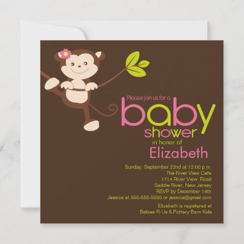 Cute Monkey Girl Baby Shower Invitation