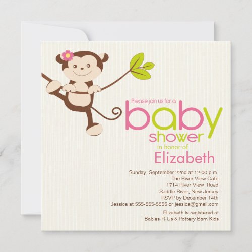 Cute Monkey Girl Baby Shower Invitation