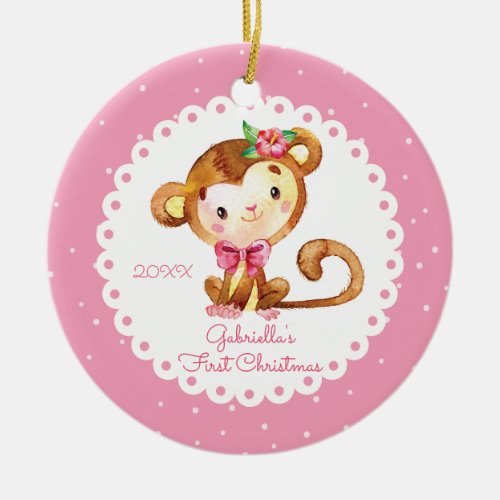 Cute Monkey Girl Babys First Christmas Ornament