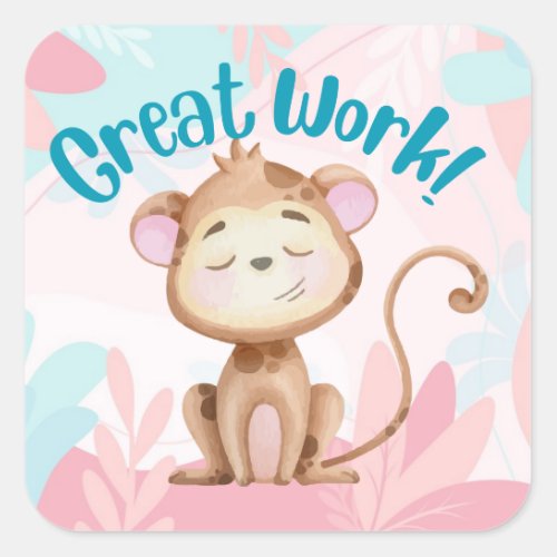 Cute Monkey Great Work Teacher Student Reward Square Sticker