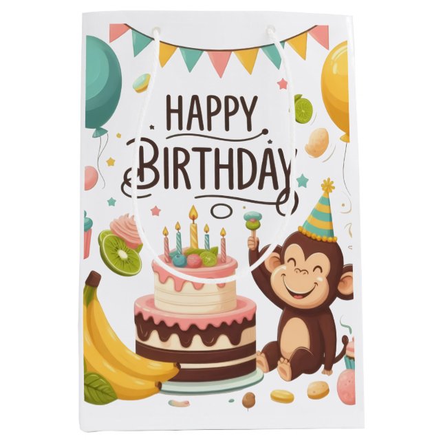 Cute Monkey Happy Birthday Party Cake Medium Gift Bag (Front)