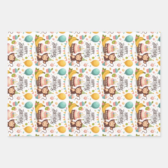Cute Monkey Happy Birthday Party Cake Wrapping Paper Sheets (Front)
