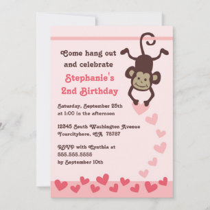 Cute monkey hearts girls birthday party invitation