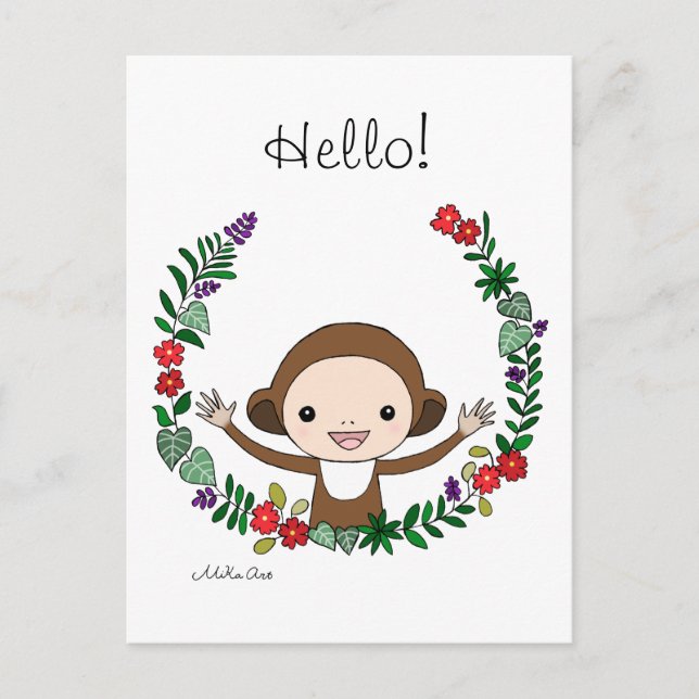 Cute Monkey Hello Postcard Monkey with Flowers Art (Front)